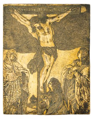 une image d'une peinture de jésus sur la croix avec d'autres personnes