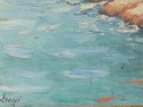 a painting of a man standing on a cliff by the water