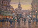 tableau représentant une rue animée de la ville la nuit, avec des passants marchant sur le trottoir