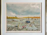 painting of a group of people on a beach with a boat in the water