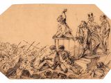 a drawing of a group of people sitting on top of a hill