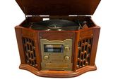 un tourne-disque à l'ancienne avec un boîtier en bois