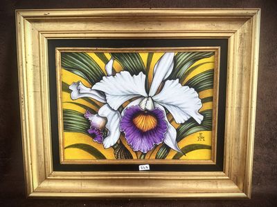 painting of a white orchid in a gold frame on a yellow background