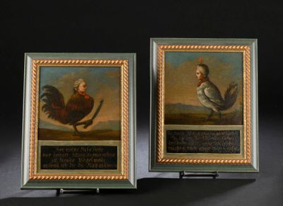 deux tableaux encadrés représentant un coq et une poule sur fond noir