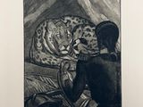an image of a drawing of a woman sitting on a bed next to a leopard
