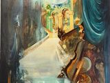 une peinture à l'huile représentant une femme assise sur un banc dans une église