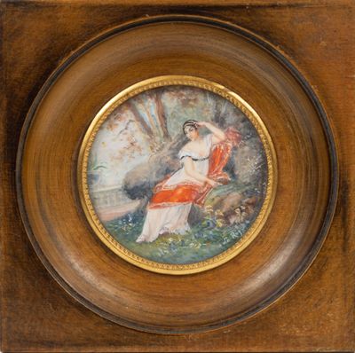 une image représentant un tableau d'une femme en robe rouge assise sur un banc