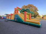 un toboggan aquatique gonflable surmonté d'un palmier