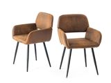 two brown chairs with black legs on a white background