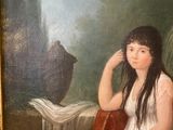 a painting of a woman in a white dress sitting on a bench