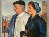 tableau représentant un homme et une femme en train de fumer une cigarette devant une église
