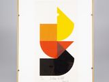 une reproduction encadrée représentant un motif géométrique dans les tons de jaune, d'orange et de noir