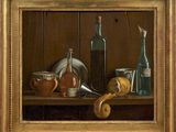 an oil painting of a still life of a still life of a bottle, glass, and other items