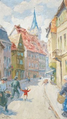peinture d'une scène de rue avec des personnes marchant dans la rue