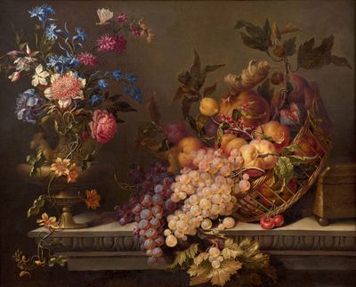 un tableau représentant un panier de fruits et de fleurs posé sur une table
