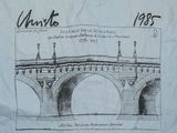 a drawing of a bridge with a drawing of a man on it