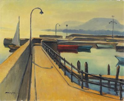 a painting of a pier with boats in the water