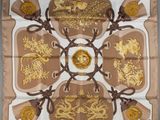 a close up of a square scarf with gold and brown designs