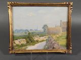 a painting of a landscape with a road in the foreground
