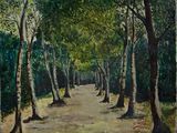 painting of a path in the woods with trees on either side of it