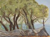 painting of a group of trees in a field near the ocean