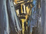 une peinture abstraite représentant un lampadaire dans une pièce sombre