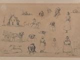 drawing of a group of people and animals in a field