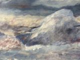 a painting of a boat in the water with a mountain in the background