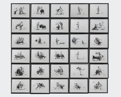 photographie en noir et blanc issue d'une série de clichés représentant des personnes à cheval