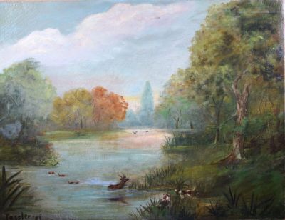 un tableau représentant une rivière avec des animaux