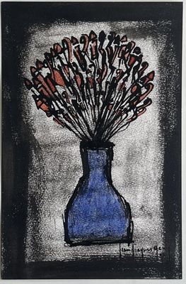 peinture représentant un vase bleu contenant des fleurs sur fond blanc