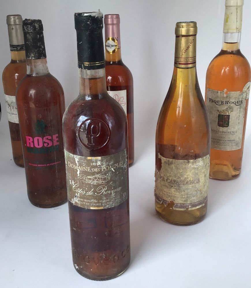 Lot de 6 bouteilles de vin rosé , rose marine 2011 , calibre 9 2013 , domaine des pomples 2009 , pique roque 2004 , C...
