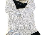 black and white polka dot dress with black trim