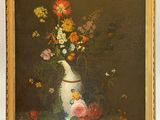 painting of a vase of flowers on a table with a gold frame