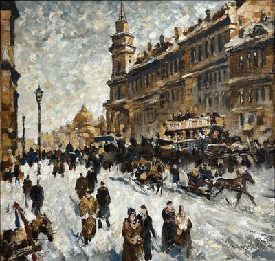an oil painting of people walking down a snowy street in front of a building