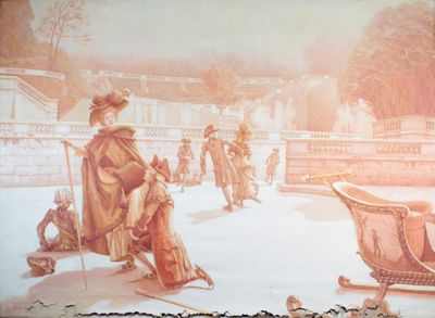 un tableau représentant un homme assis sur un banc dans la neige