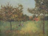 un tableau représentant deux personnes dans un champ bordé d'arbres