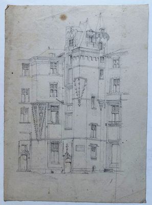 un vieux dessin représentant un bâtiment surmonté d'une tour