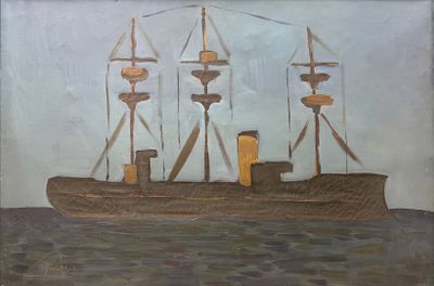 une peinture représentant un bateau sur l'eau, avec le ciel en arrière-plan