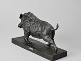 bronze sculpture of a bull on a marble base on a white background