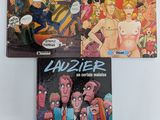 Trois personnages de bande dessinée sont assis sur une surface blanche ; l'un est un homme et l'autre une femme.