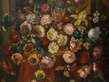 a painting of flowers in a vase on a table