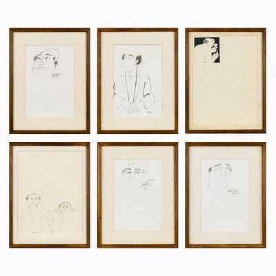 six dessins encadrés représentant un homme et une femme dans différentes poses