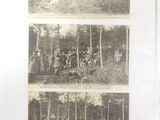 four pictures of people riding horses in the woods