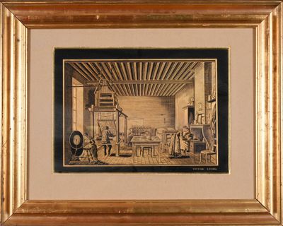 framed picture of a drawing of a man working in a factory
