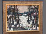 painting of a snowy landscape with trees and a train in the distance