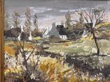 une peinture à l'huile d'une scène de ferme avec une maison au loin