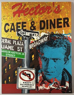 the cover of a book with a painting of a man on a street sign