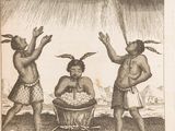 an old drawing of three men in native clothing standing in front of a fire