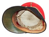a red hat with a black brimle on top of it
